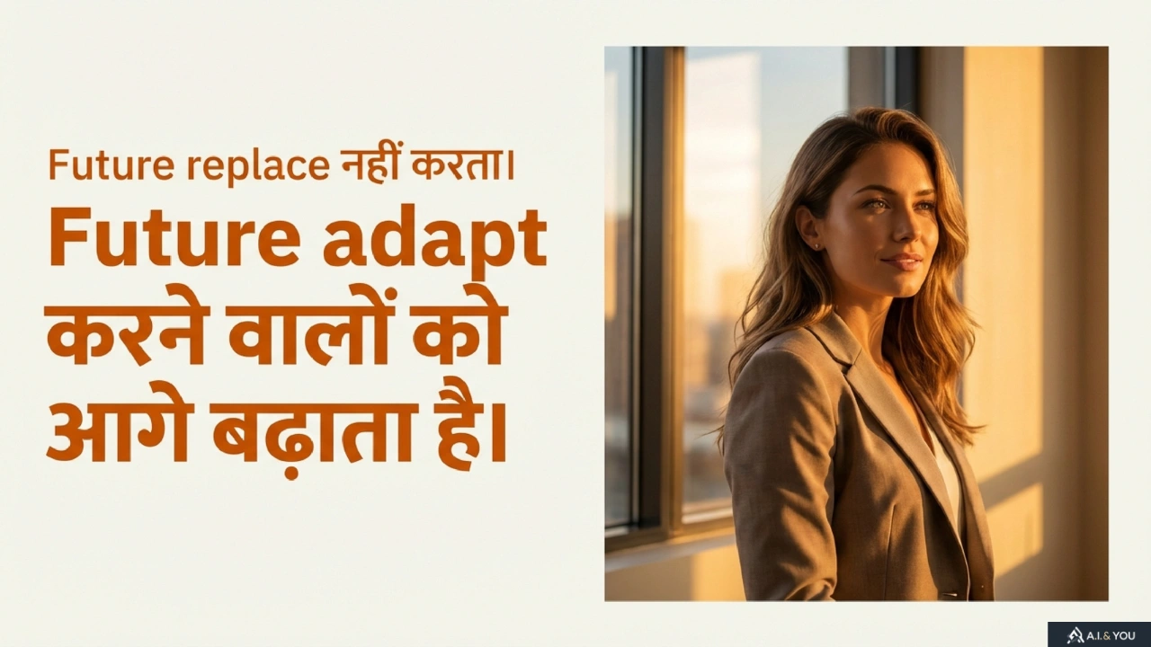 Modern office setting में soft light के साथ motivational quote दिखाई दे रहा है जो AI Agents और future preparation पर केंद्रित है।