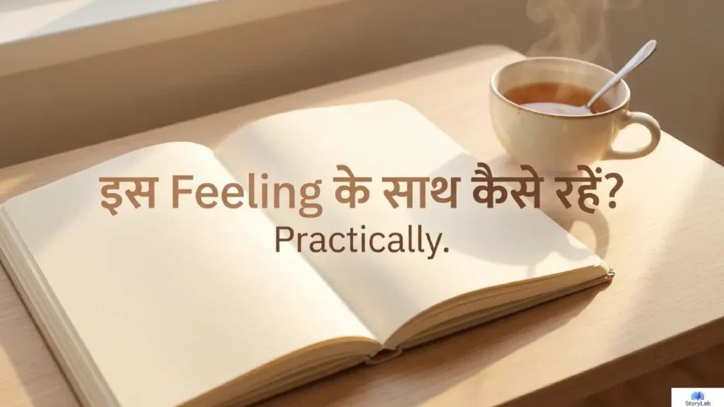 खुली किताब और चाय का कप जो self-reflection और practical steps को दर्शाता है