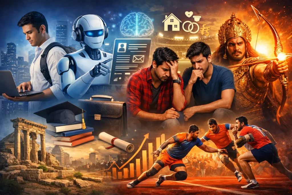 Digital collage showing a college student working on a laptop, a futuristic AI robot generating a resume, two stressed young men symbolizing social pressure, kabaddi players in action inside a stadium, and a warrior depiction of Karna from Mahabharat, representing themes from career and AI to sports and civilization.