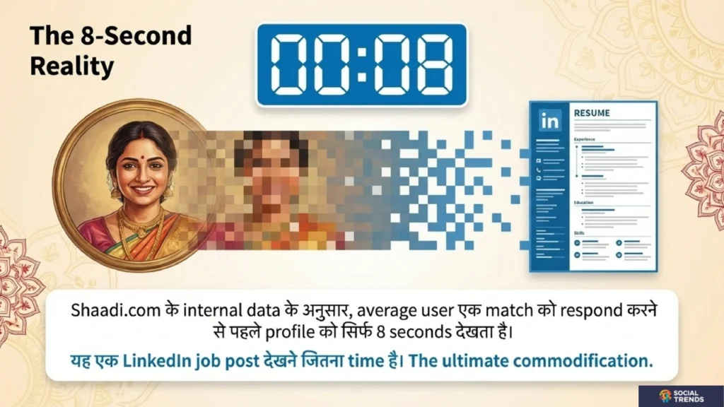 The 8 second reality — matrimonial app par average user ek match ki profile respond karne se pehle sirf 8 seconds dekhta hai — LinkedIn job post dekhne jitna time