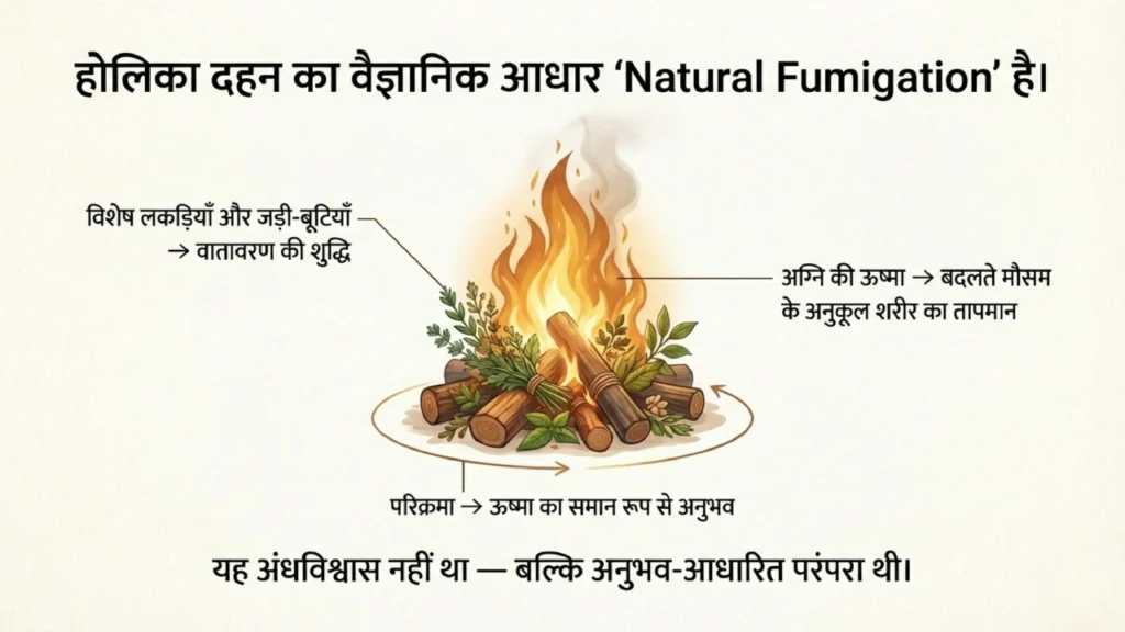 Illustration of Holika Dahan fire with labeled benefits like natural fumigation, immunity boost, and seasonal adaptation.
