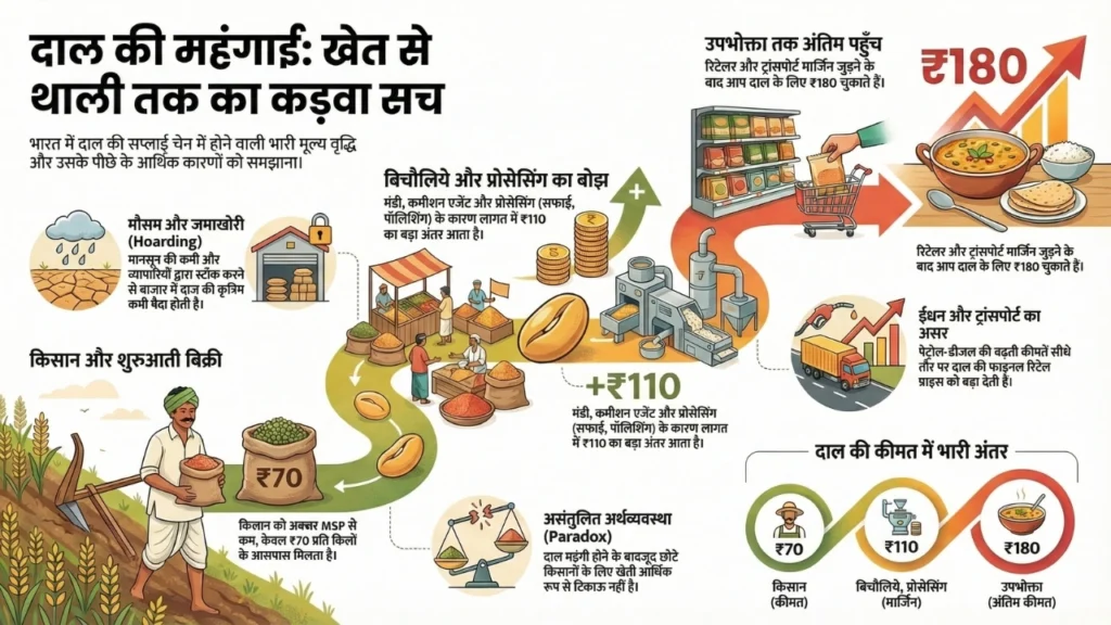 भारत में दाल की कीमत कैसे ₹70 से ₹180 तक पहुँचती है — किसान, मंडी, प्रोसेसिंग और रिटेल सप्लाई चेन को दिखाता infographic