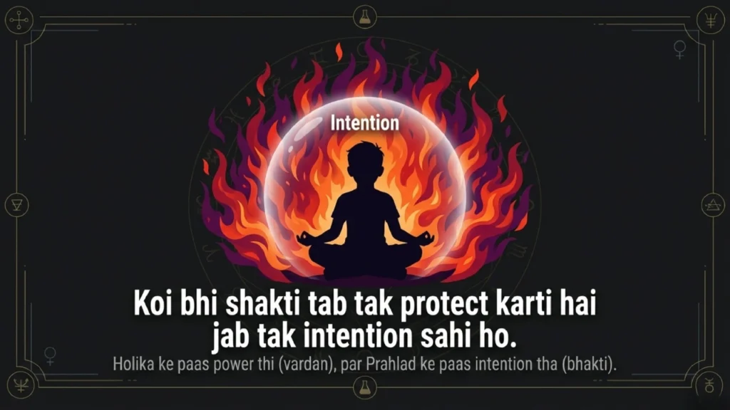 Silhouette meditating inside protective fire circle symbolizing intention over power in Holika story.