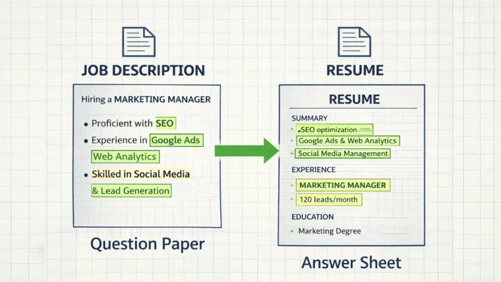 Infographic showing job description keywords mapped to resume content