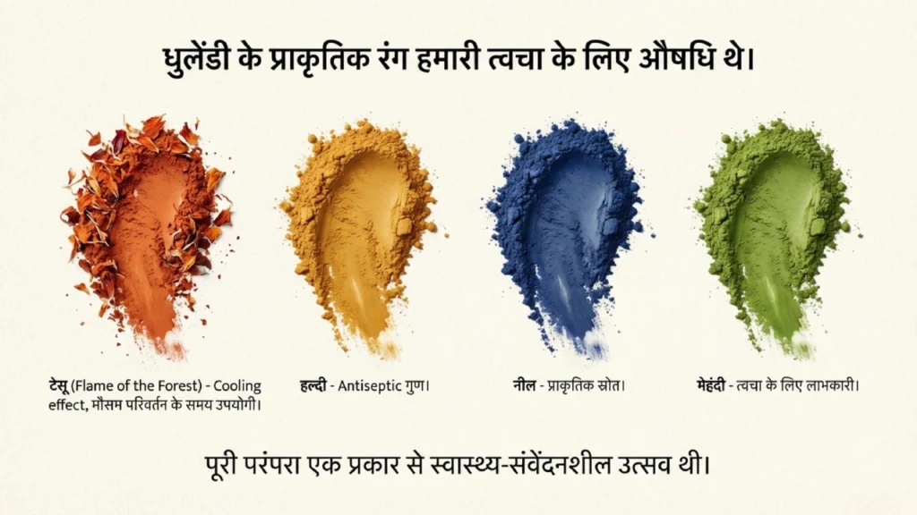Four natural Holi color powders made from Tesu flowers, turmeric, indigo, and mehendi displayed on white background.