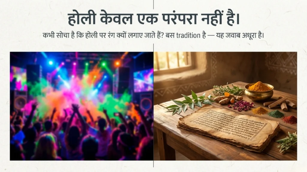 Split image showing modern Holi party with colorful powder on one side and traditional herbs and manuscript on wooden table on the other.