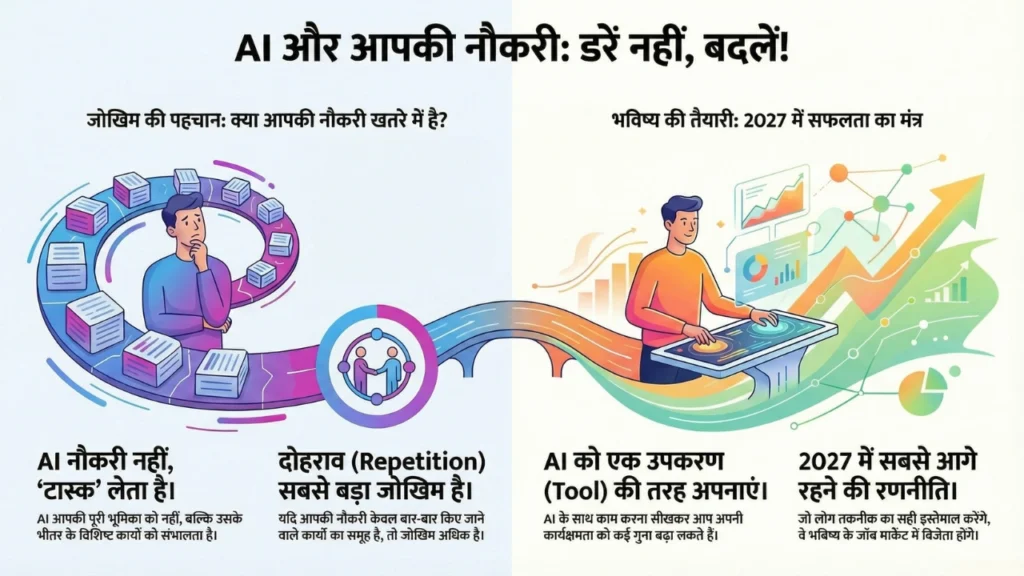 AI और आपकी नौकरी का भविष्य — risk और growth strategy को दिखाता infographic