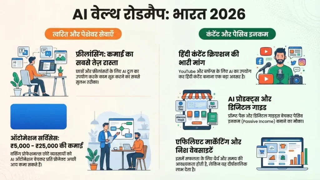 AI income roadmap India 2026 — freelancing, content, automation, products, passive income
