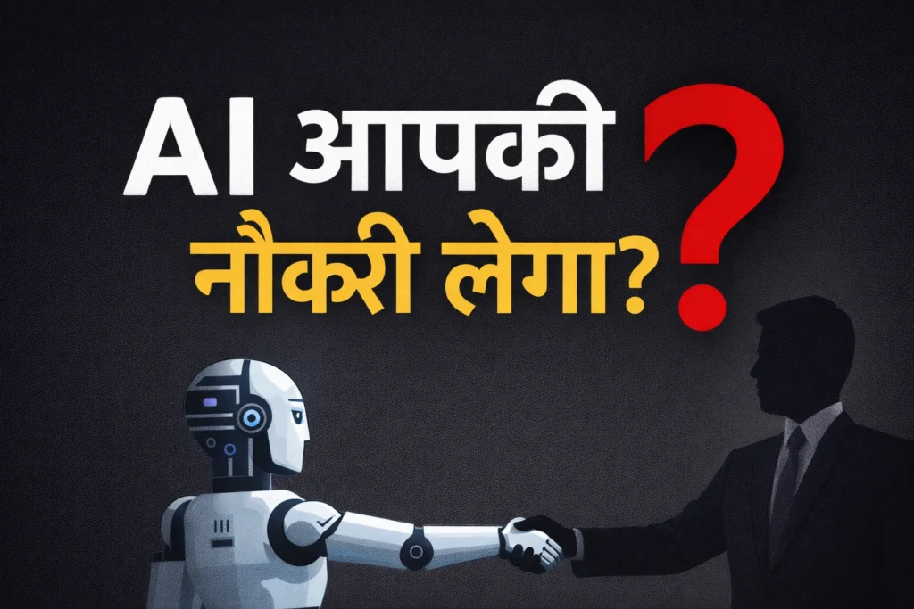AI आपकी नौकरी लेगा क्या — robot और human handshake के साथ thumbnail