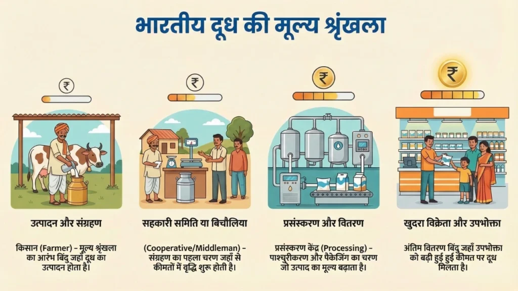 भारत में दूध की वैल्यू चेन किसान से उपभोक्ता तक प्रक्रिया चित्र