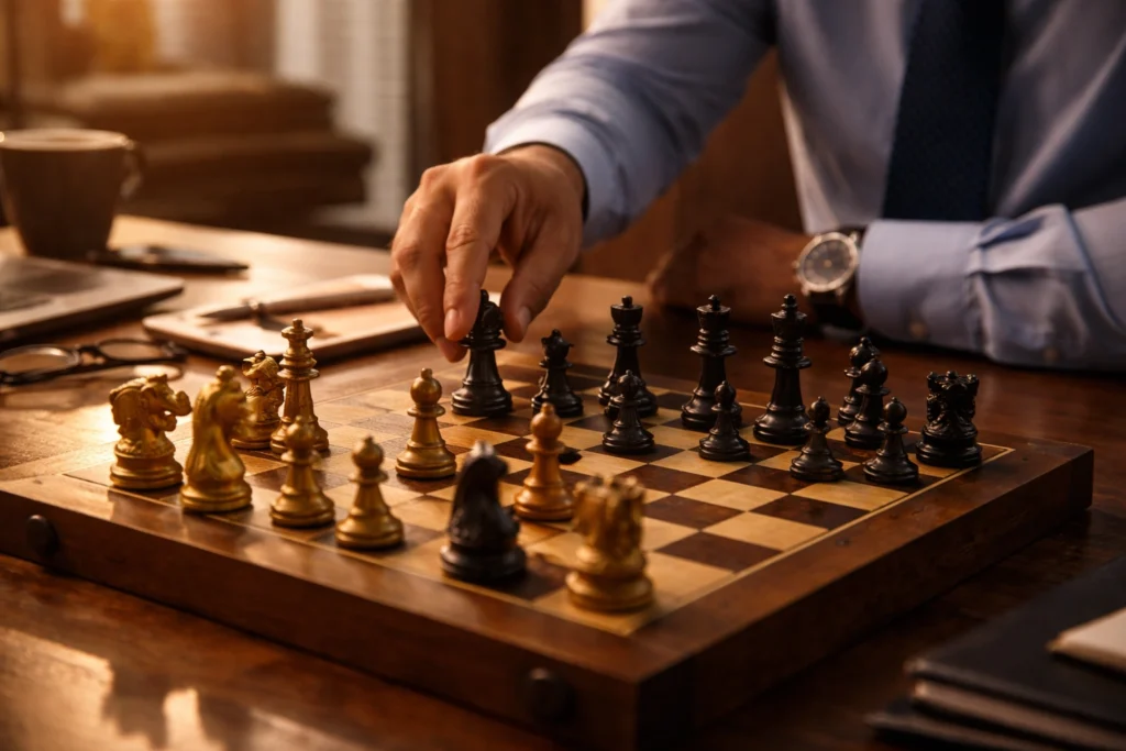 Professional analyzing chessboard strategy representing workplace relationships and decision making