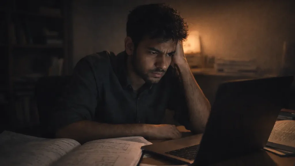 एक व्यक्ति laptop के सामने बैठा है जो अपने career से confused और stressed है