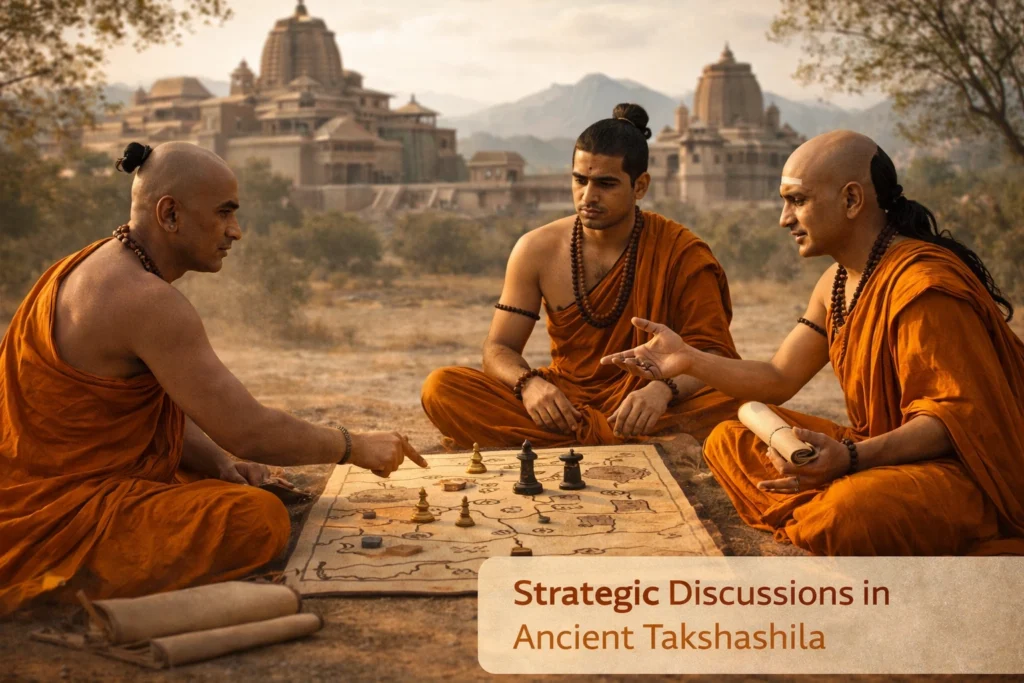 Ancient Takshashila scholars discussing strategy and planning in Chanakya era