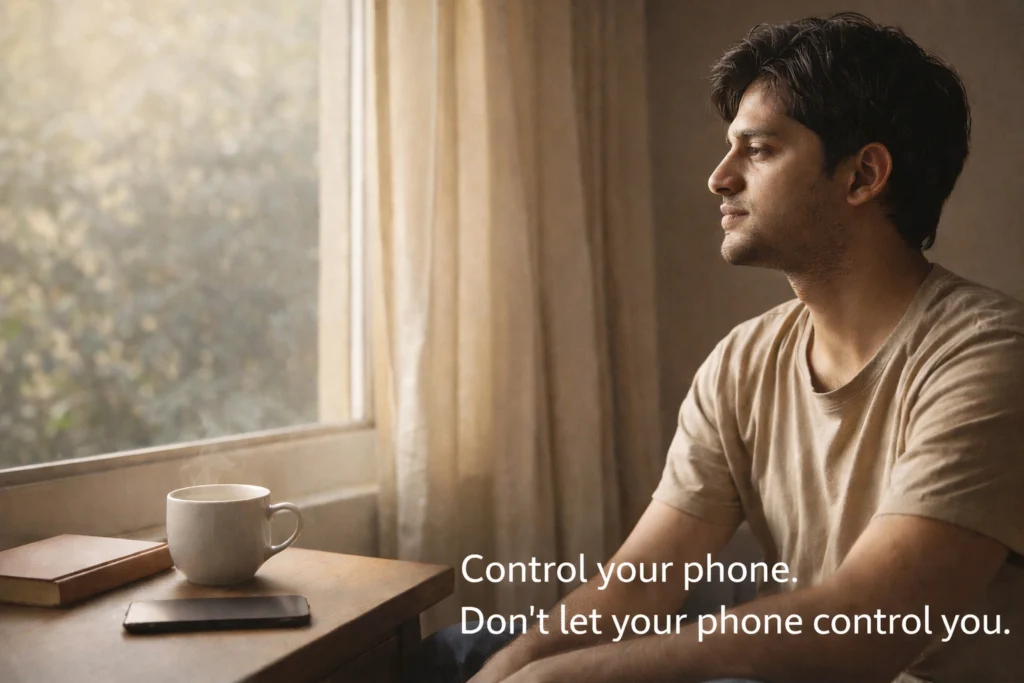 Young person sitting calmly near window with phone placed face down symbolizing balanced technology use