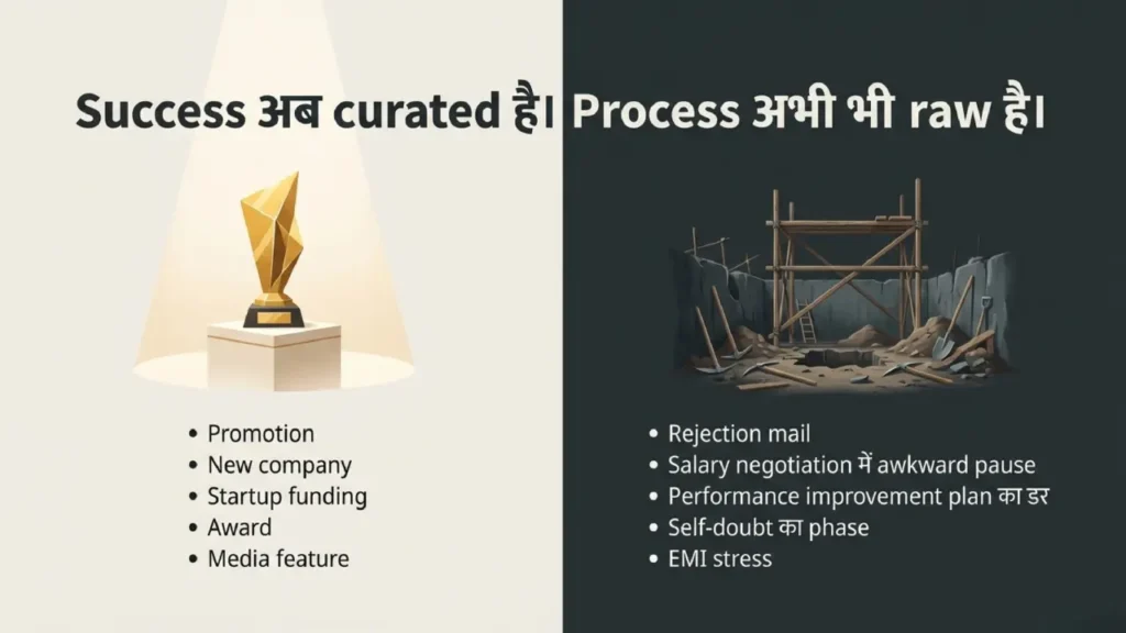 Illustration showing a clean curated workspace contrasted with a messy hidden struggle, representing how online success hides real effort.