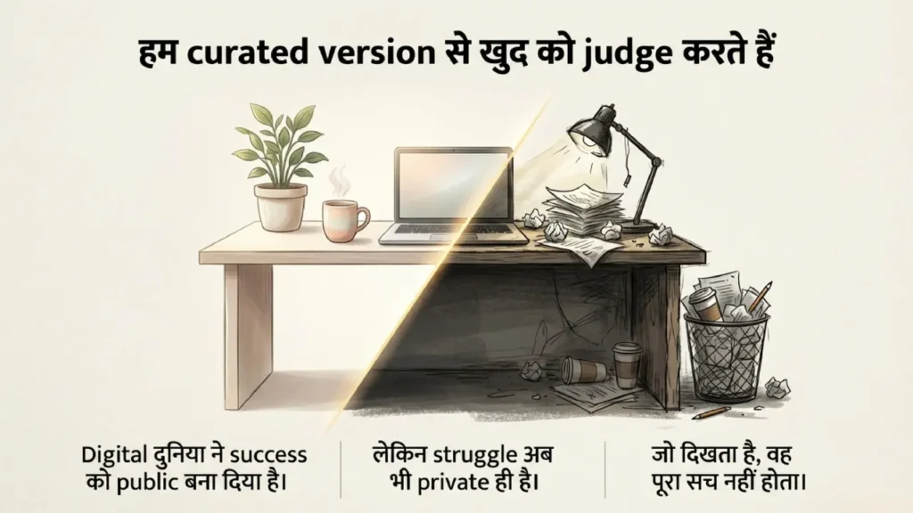 Illustration showing a clean curated workspace contrasted with a messy hidden struggle, representing how online success hides real effort.