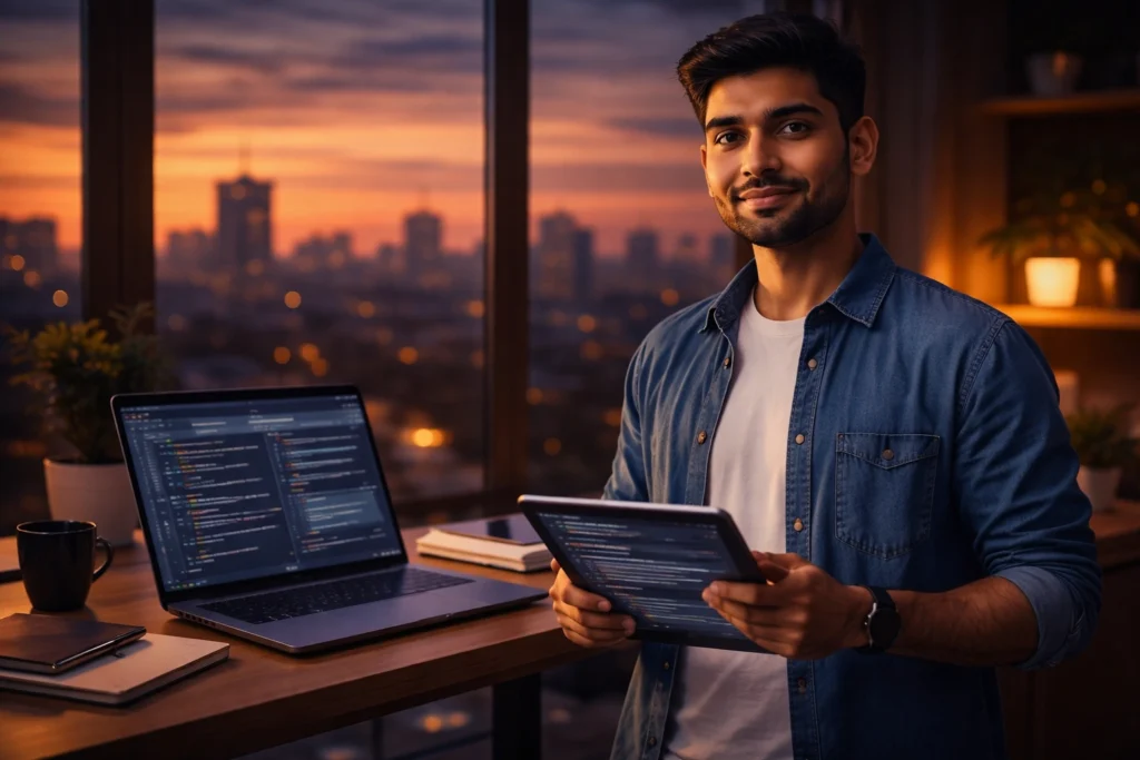 Indian developer Cursor AI ke saath future-ready coding karta hua calm workspace mein