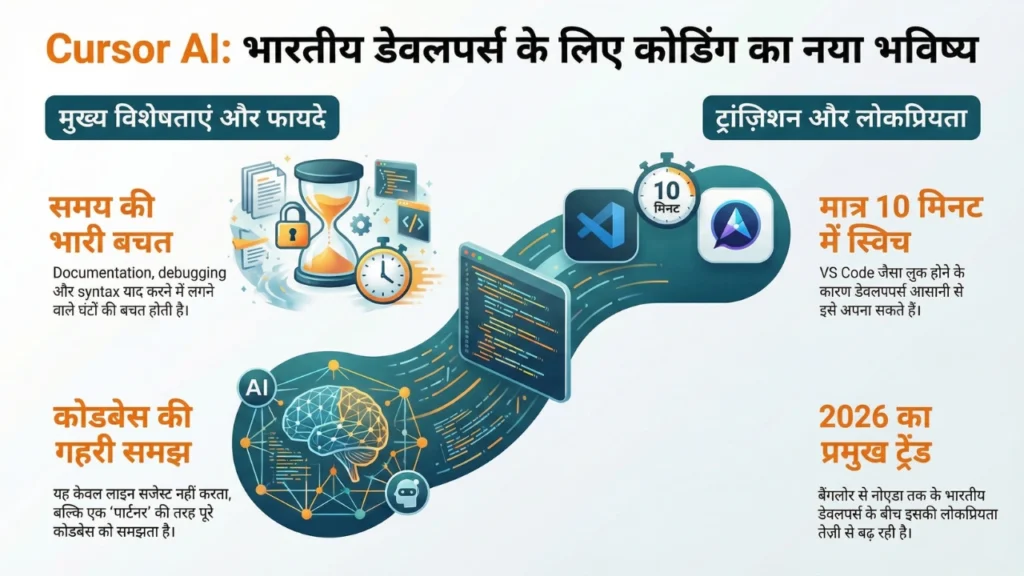 Cursor AI infographic Indian developers ke liye productivity aur codebase understanding explain karta hua