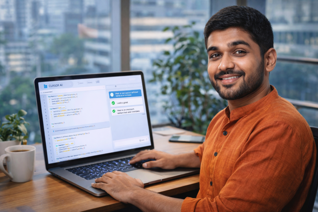 Indian developer laptop par Cursor AI use karte hue successful code generation ke saath