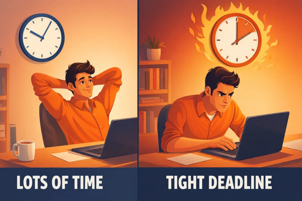 Comparison of relaxed vs focused work under different deadlines showing productivity difference
