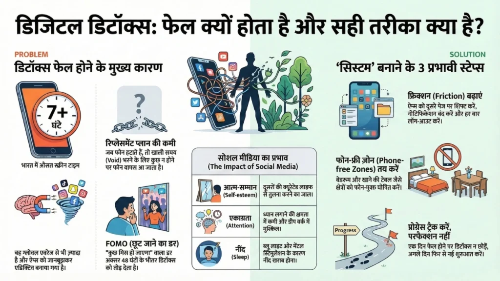 Infographic explaining why digital detox fails and how to build better screen habits