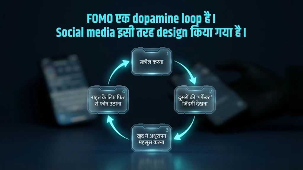 सोशल मीडिया dopamine loop और FOMO का diagram
