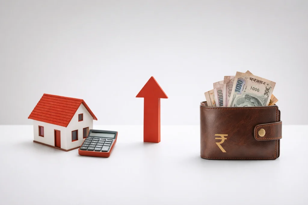 Home loan EMI impact visual with house model calculator and wallet showing rising financial burden