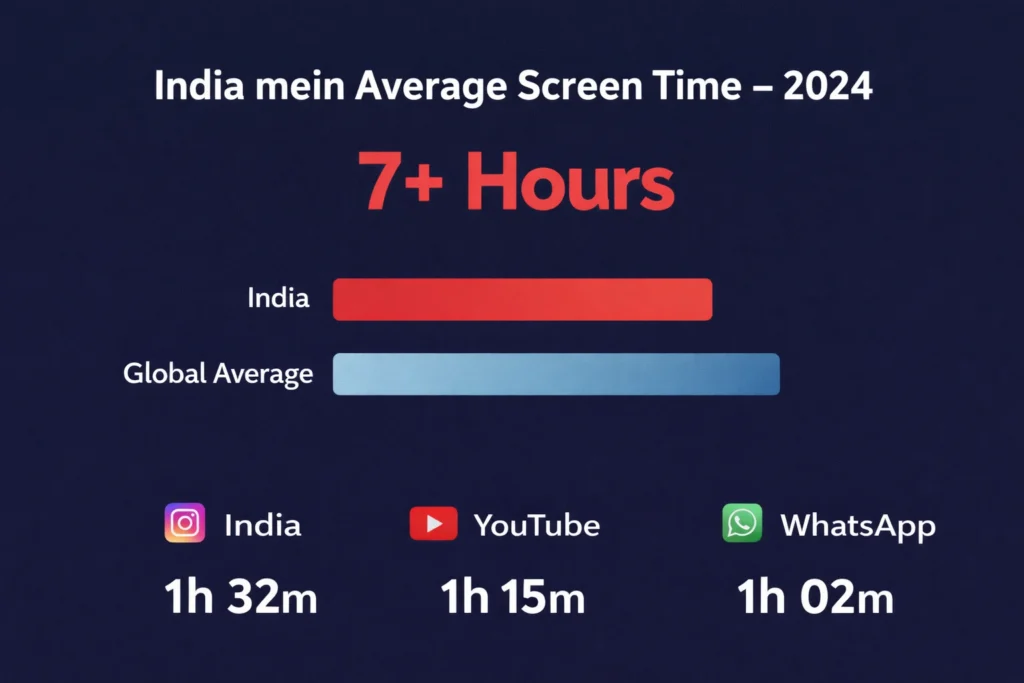 Data visual showing India's average screen time of more than seven hours compared with global average