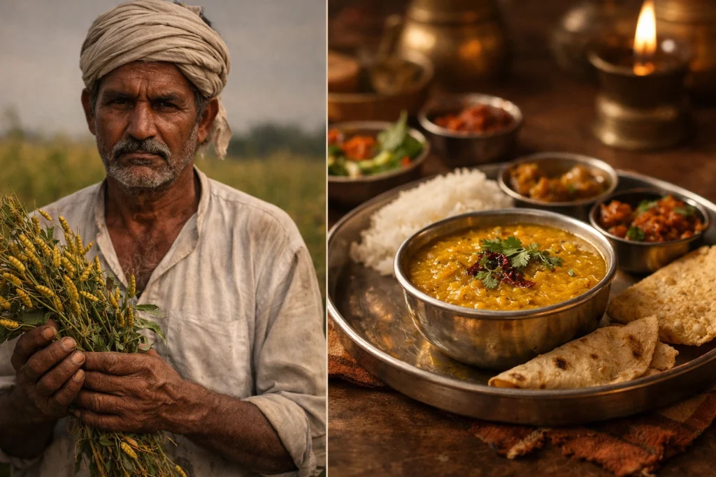 भारतीय किसान दाल की फसल पकड़े हुए और दूसरी तरफ भारतीय थाली में दाल का खाना — food economy का contrast