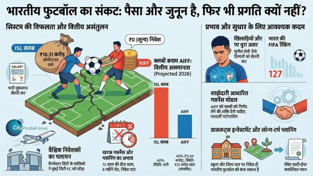 Indian football crisis infographic explaining financial imbalance governance failure and player impact