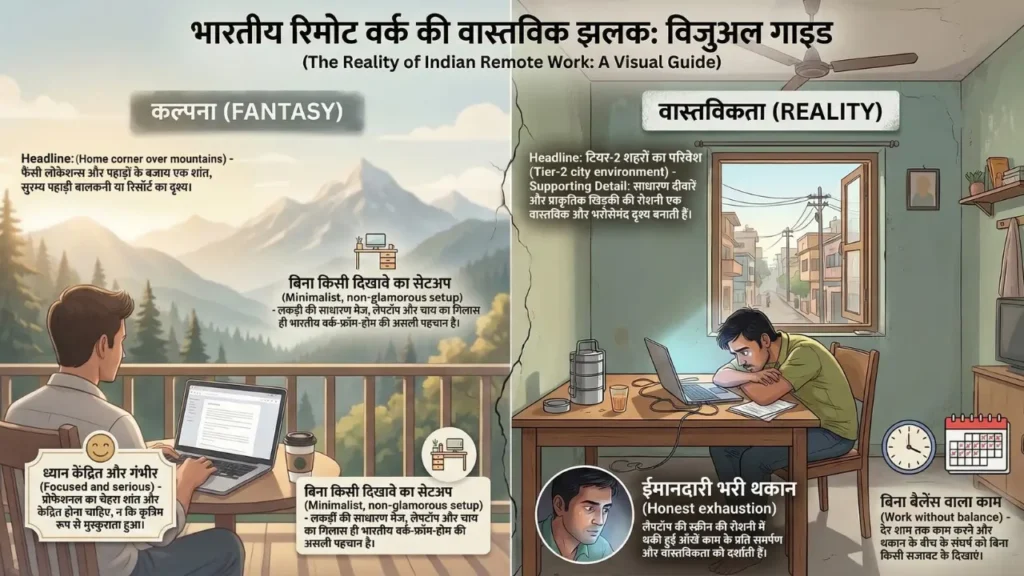 भारतीय remote work की कल्पना और वास्तविकता का visual comparison