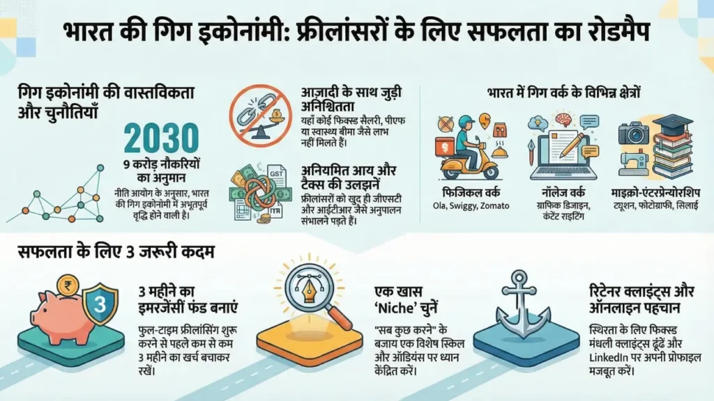 भारत की gig economy infographic — freelancers के लिए sectors, challenges और success steps