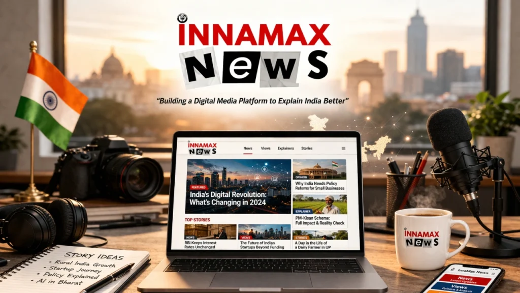InnaMax News website displayed on laptop showing news explainer platform with modern workspace setup