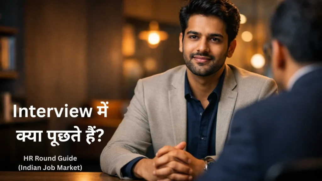 Young Indian professional confidently attending a job interview in a modern office setting