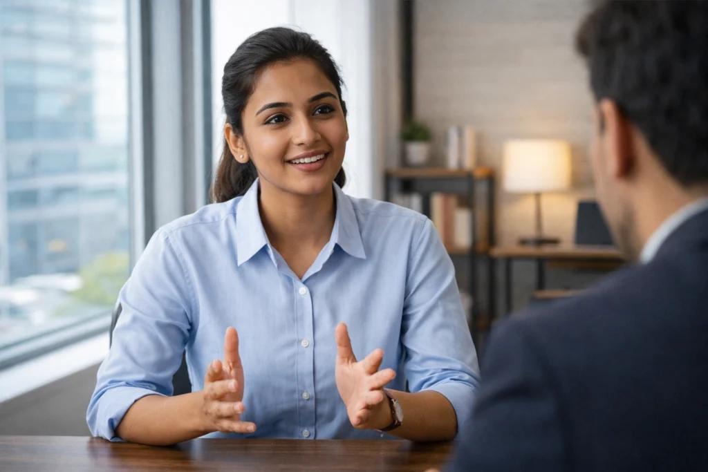 Interview में confident body language और eye contact दिखाते हुए Indian candidate