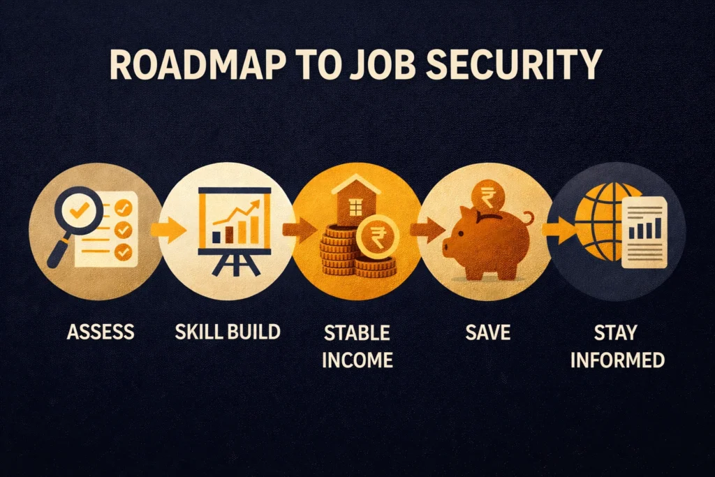 Five step roadmap to build job security in uncertain times including skills income and savings
