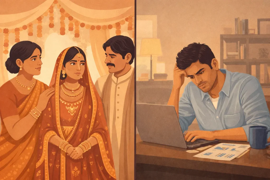 traditional शादी और modern career का contrast