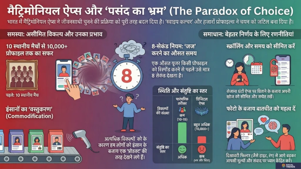 infographic showing paradox of choice, scrolling behavior and psychological impact of matrimonial apps