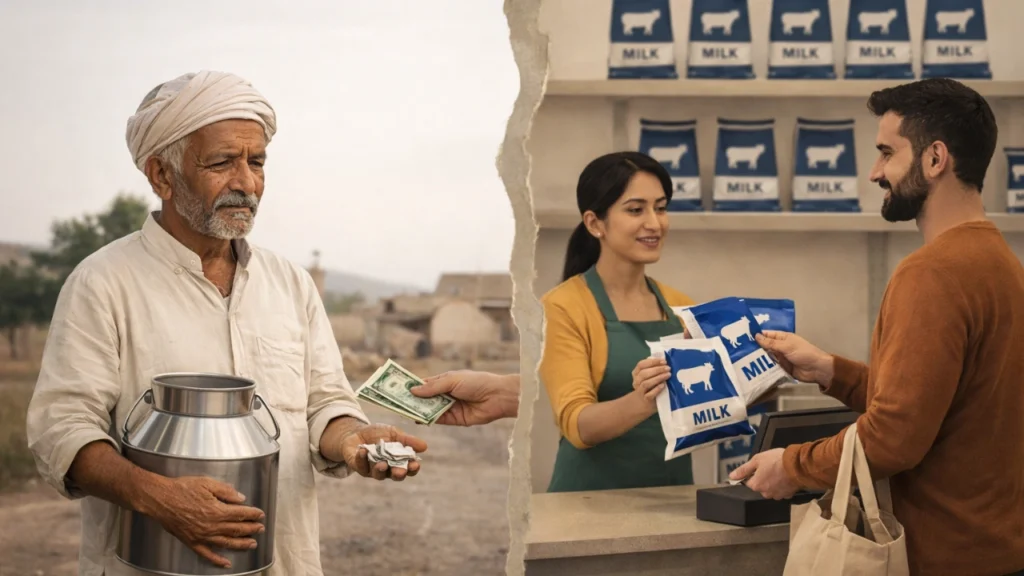 Indian farmer receiving low payment vs consumer paying high milk price comparison
