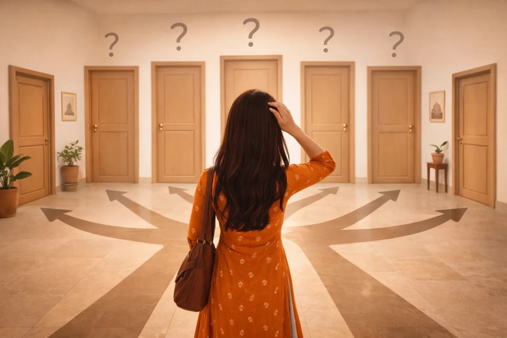 person confused between multiple similar choices symbolizing paradox of choice in matrimonial apps