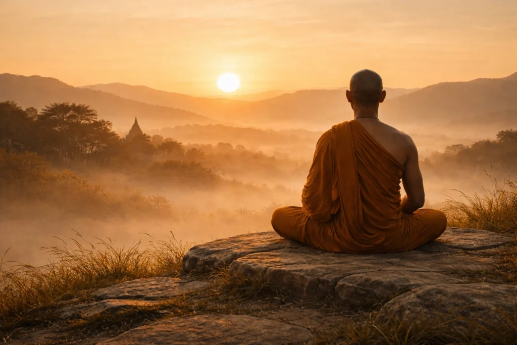 Calm figure sitting at sunrise symbolizing patience timing and long term success