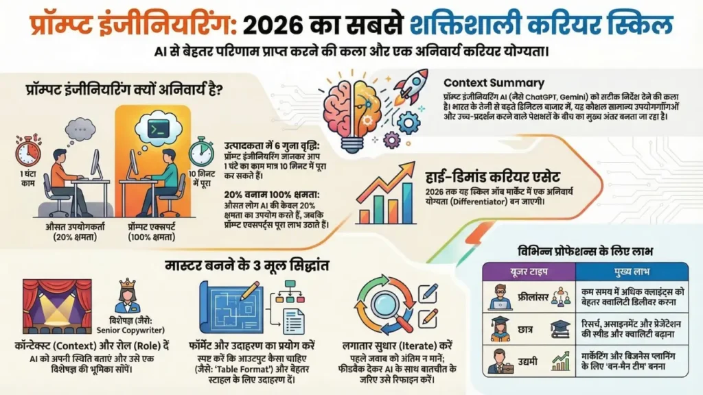 Prompt engineering infographic explaining why it is an important AI career skill in 2026 and how better prompts improve AI results