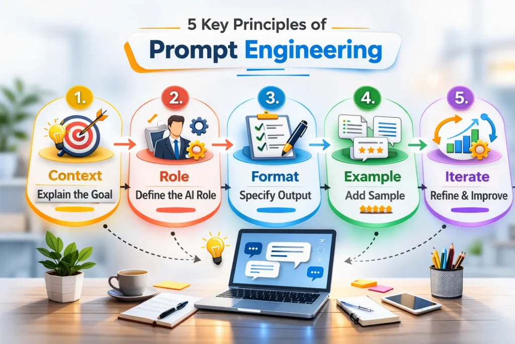 Infographic showing five principles of prompt engineering: context, role, format, example and iteration