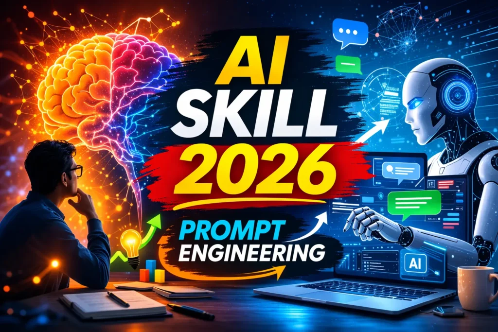 Illustration showing human brain and AI interface representing prompt engineering and AI productivity