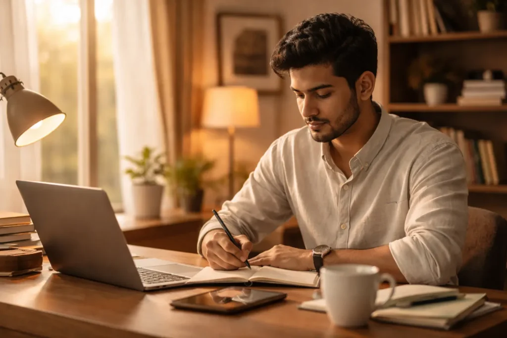 young professional working calmly symbolizing purposeful waiting and daily preparation