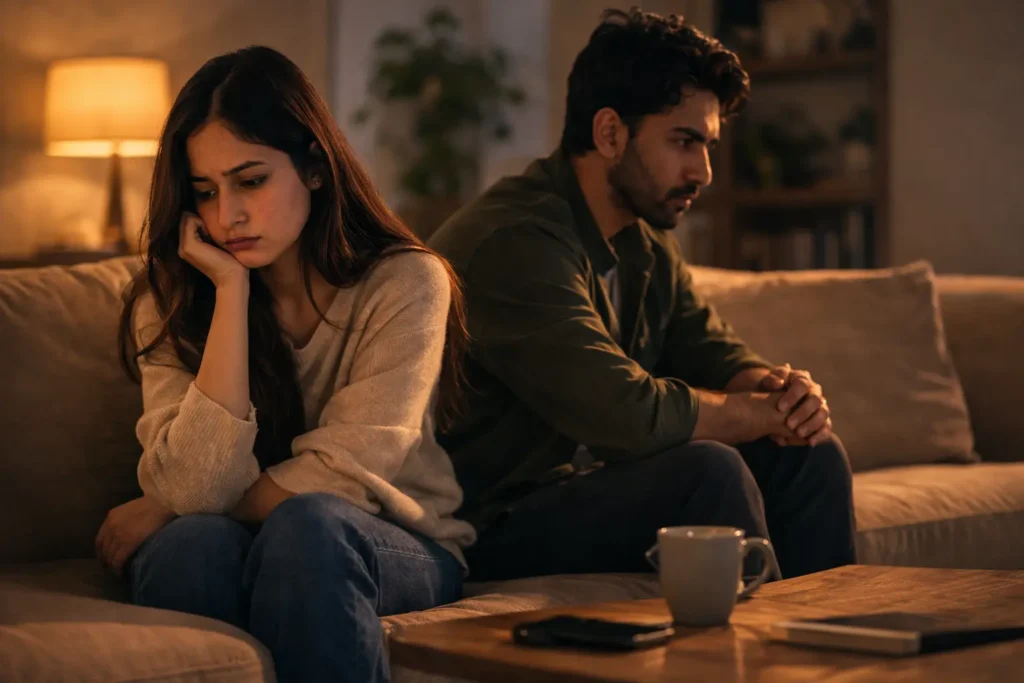 एक couple साथ बैठा है लेकिन emotionally disconnected है