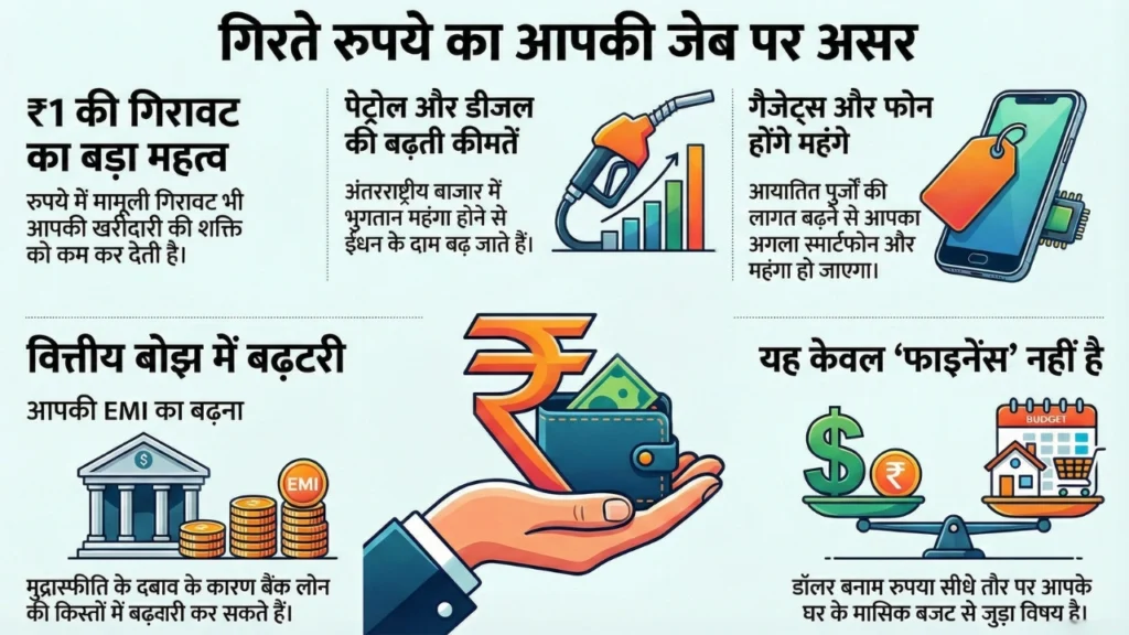 Infographic explaining how rupee depreciation affects EMI petrol prices and smartphone costs in India