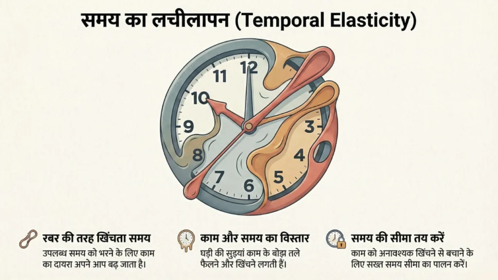 समय का लचीलापन दर्शाता हुआ illustration जहां समय काम के अनुसार फैलता है (Parkinson's Law concept)