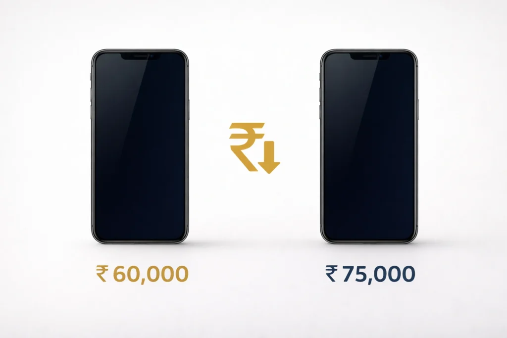 Two smartphones showing price increase due to rupee depreciation and rising import costs