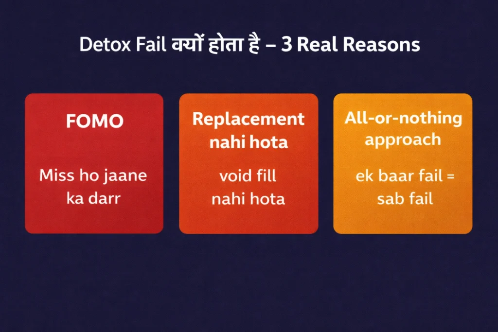 Three psychological reasons why social media detox fails including FOMO lack of replacement and all or nothing mindset
